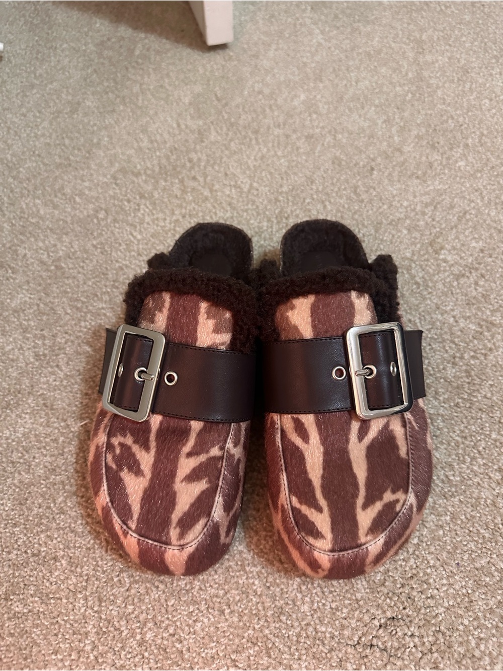 WeWoreWhat Brown and Cream Animal-Print Buckle Clog Mules